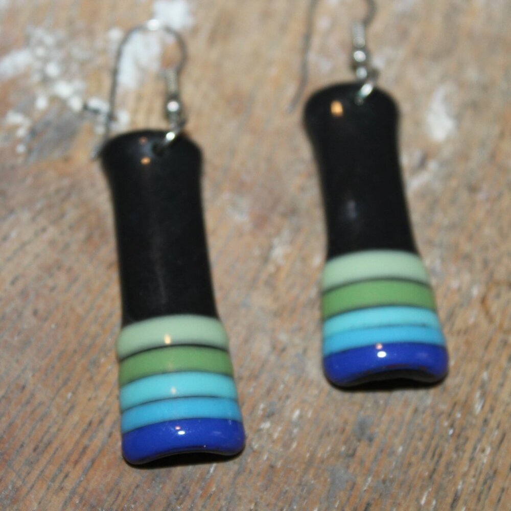 Vintage 1980s Black Blue and Green Slag or Slump Glass  Earrings